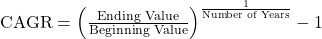 \text{CAGR} = \left( \frac{\text{Ending Value}}{\text{Beginning Value}} \right)^{\frac{1}{\text{Number of Years}}} - 1