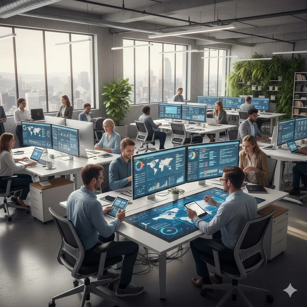 Business professionals using tech tools on laptops and tablets to improve productivity and collaboration