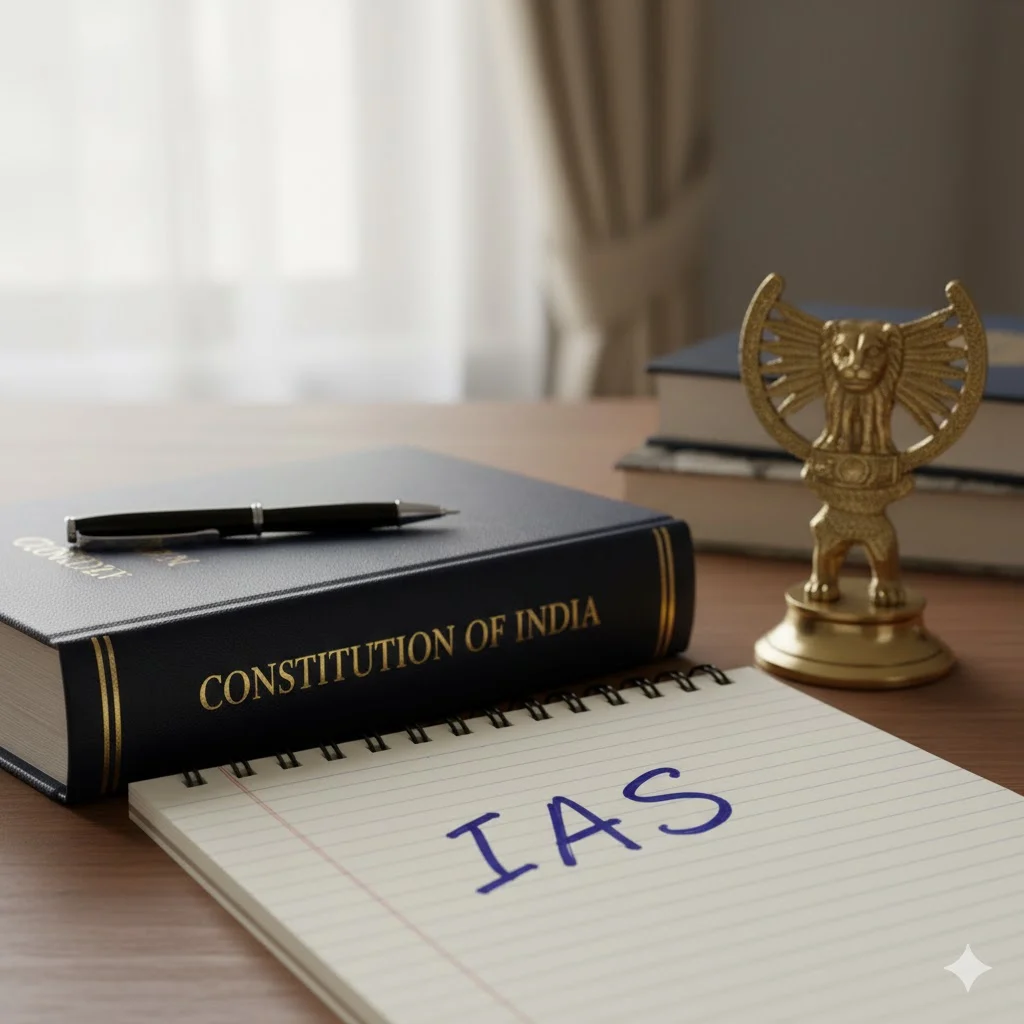 IAS full form written as Indian Administrative Service on a notebook with Indian Constitution