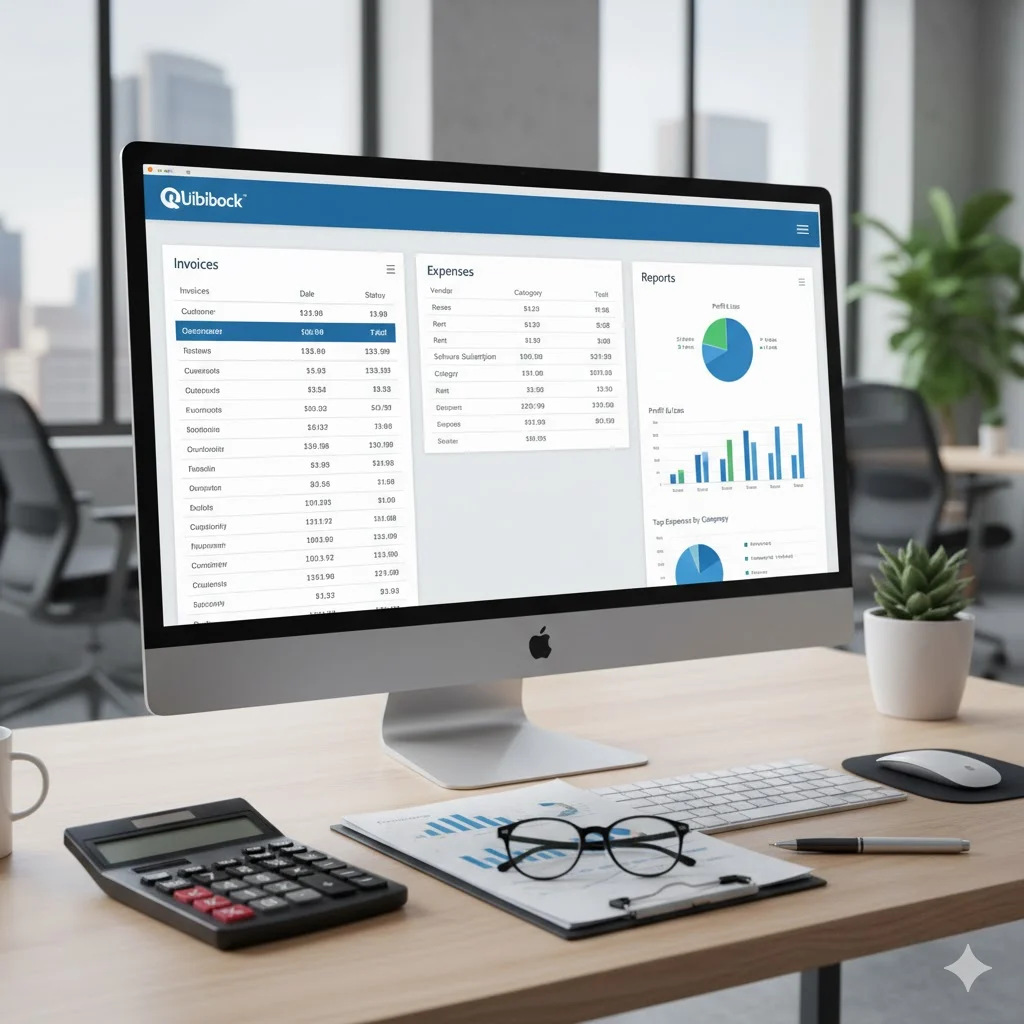 QuickBooks dashboard displaying invoices, expenses, and financial reports for business accounting